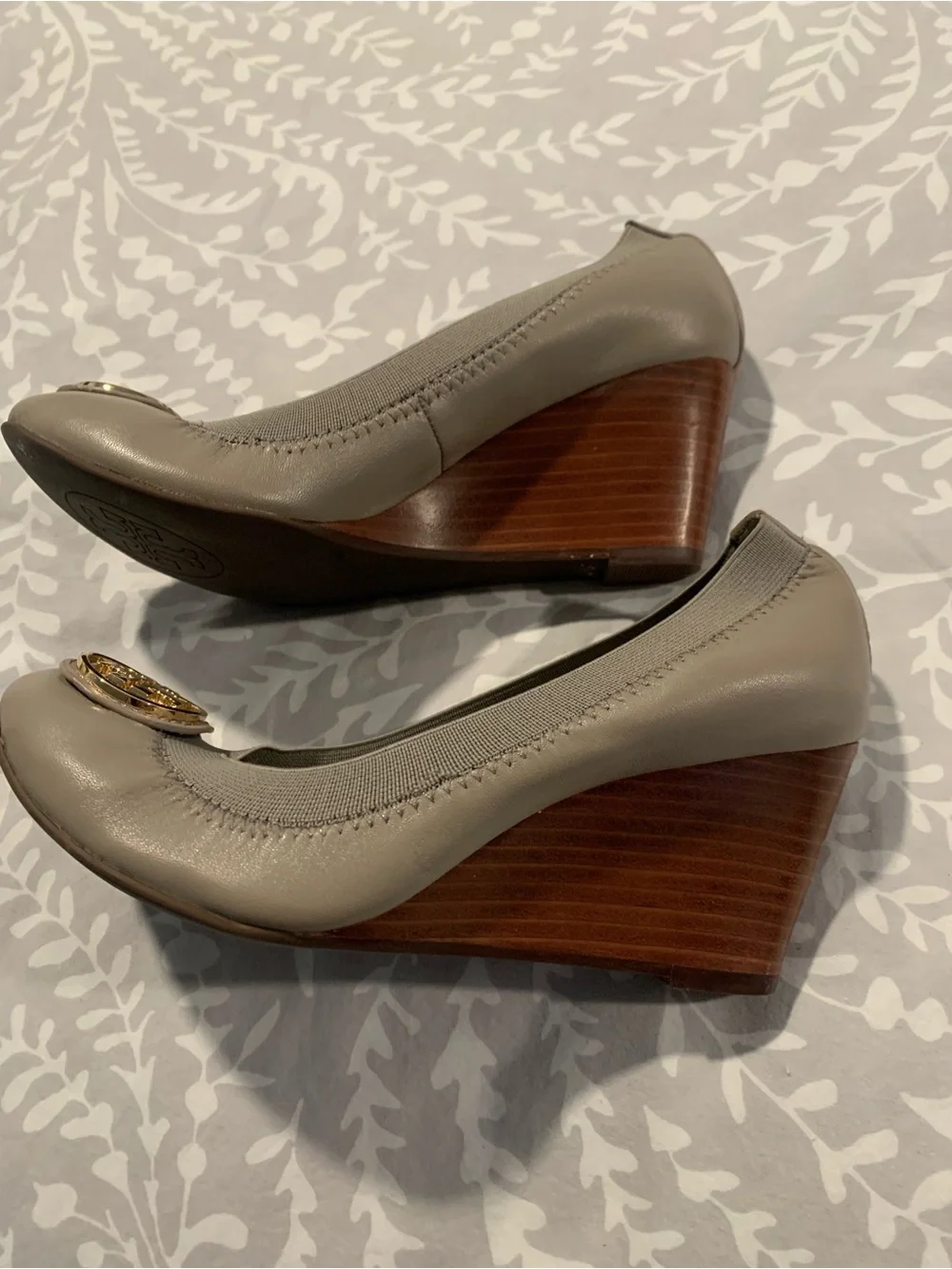 Tory Burch Taupe Round-Toe Pumps with Gold Logo